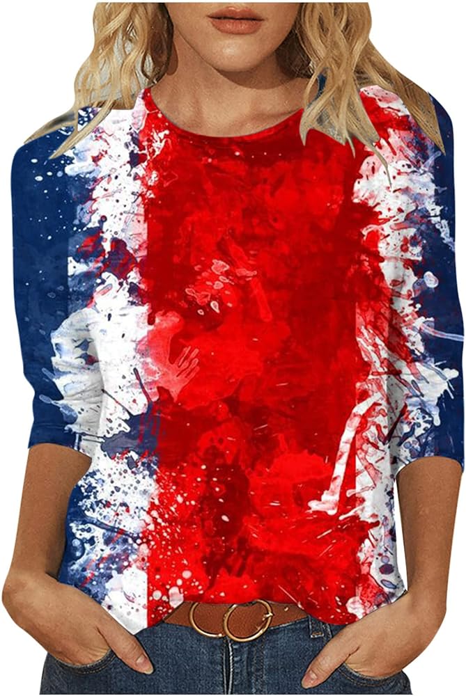 DASAYO Tshirts Shirts for Women Summer 2023 American Flag Patriotic Graphic 3/4 Sleeve Casual Womens Tops Going Out