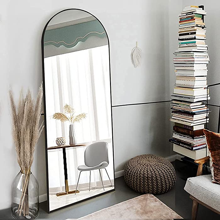 OGCAU Floor Mirror, Full Length Mirror Standing Hanging or Leaning Against Wall, Body Mirror for Floor & Wall in Bedroom, Arched-Top Mirror, Wall-Mounted Mirror with Aluminum Alloy Frame (Blcak)