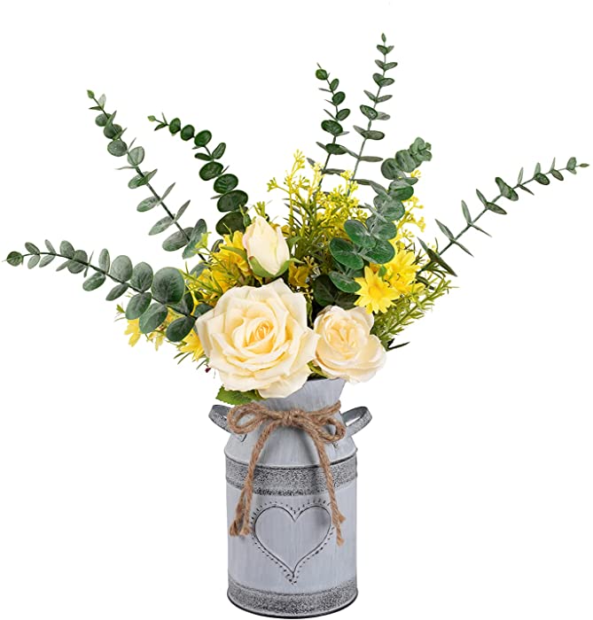 LIBWYS Metal Flower Vase Milk Can Rustic Style with Rose & Eucalyptus Shabby Chic Metal Vase for Rustic Home Dining Table Centerpieces Decor (Champagne, 1)