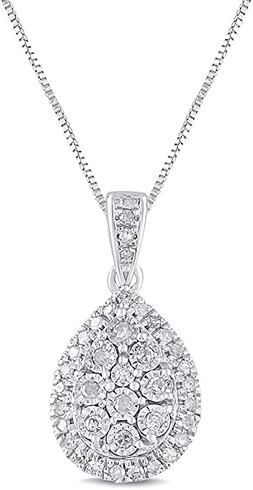 Diamond Cluster Pendant Pear Shape 1/5 cttw in Sterling Silver - 18 Inch Chain