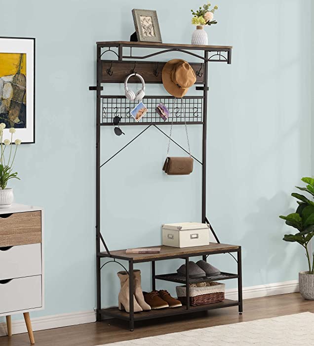 O&K FURNITURE 73-Inch Industrial Hall Tree with Hooks, Entryway Coat Rack Shoe Bench, 5 in 1 Storage Organizer with Grid Shelf, Rustic Gray Finish