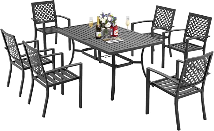 RICHRYCE 7 Piece Patio Dining Set, 60” Rectangular Metal Dining Table with Umbrella Hole and 6 Patio Bistro Stackable Chairs, Backyard Patio Furniture Sets for Outdoor, Deck, Yard, Porch