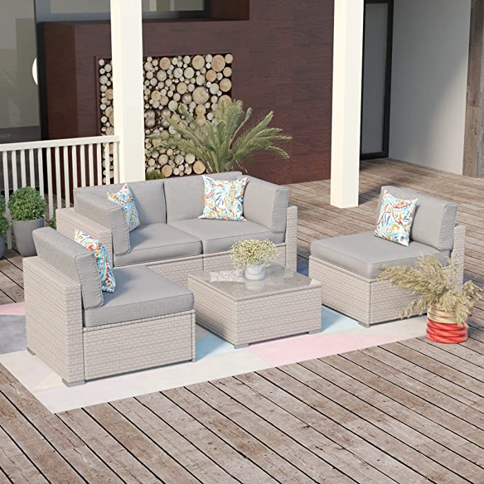 SUNBURY Outdoor Sectional Wicker Sofa 5-Piece in Warm Gray w 4 Pillows, Elegant Patio Furniture Chair with Table Set for Backyard