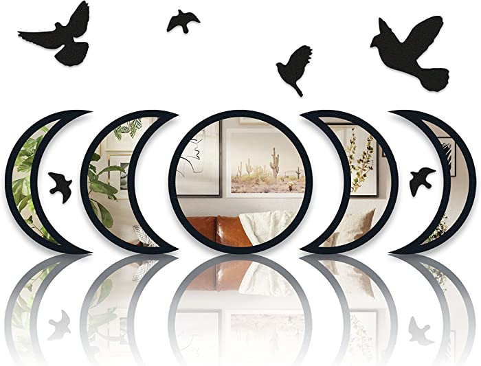 NESHE Moon Phase Mirror Set with Birds | Scandinavian Natural Home Boho Wall Decor | Aesthetic Witchy Bohemian Indoor Gothic Art Decorations for Living Room Bedroom Apartment Farmhouse Acrylic (Black)