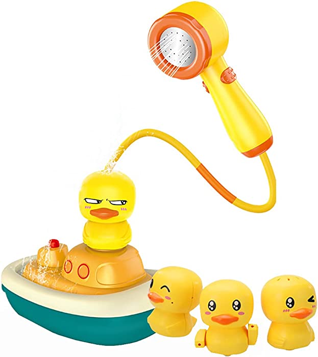 NEXTAKE Bathtub Fountain Toy, Duckling Water Spray Toy Electric Water Sprinkler Bath Toy Bathtub Boat Warship Toy with 3 Ducklings (with Shower Head)