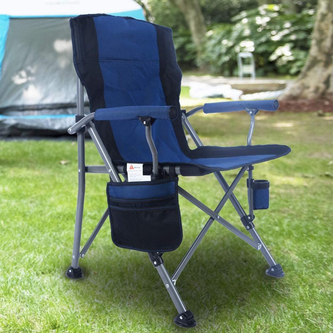 Homcosan Portable Camping Chair Folding Quad Outdoor Large Heavy Duty Support 330 lbs Thicken 600D Oxford with Padded Armrests, Storage Bag, Beverage Holder, Carry Bag for Outside(Blue)