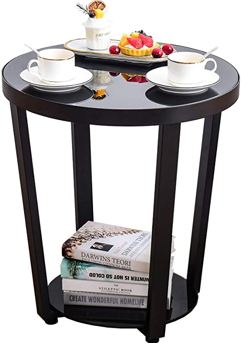 Black Glass End Table,NSFRCLHO Round End Table Accent Furniture,Easy Assembly Glass Black Side Tables with Tempered Glass-top for Small Space Living Room Bedroom Balcony
