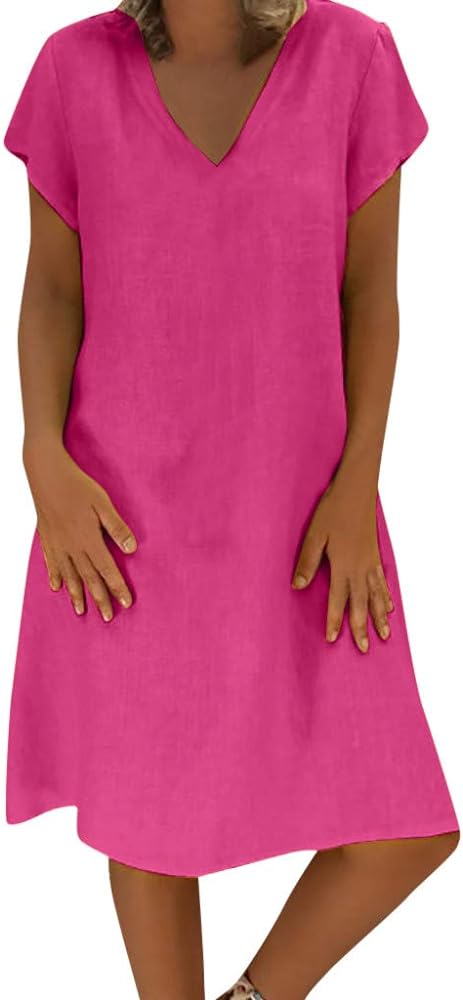 Summer Linen Dresses for Women 2024 Casual V Neck Short Sleeve Loose Cotton Dress Plus Size Holiday Beach Sundresses