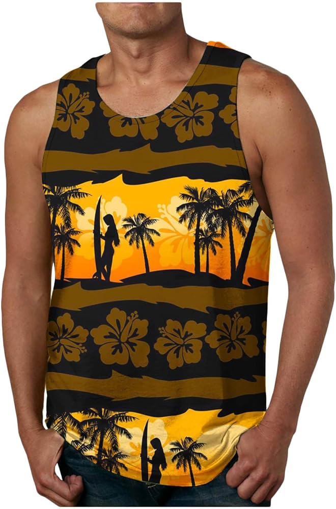 Mens Tank Tops Beach Hawaiian Shirts Plus Size Crewneck Sleeveless Muscle Tshirt Vacation Outfits Fashion Camisole