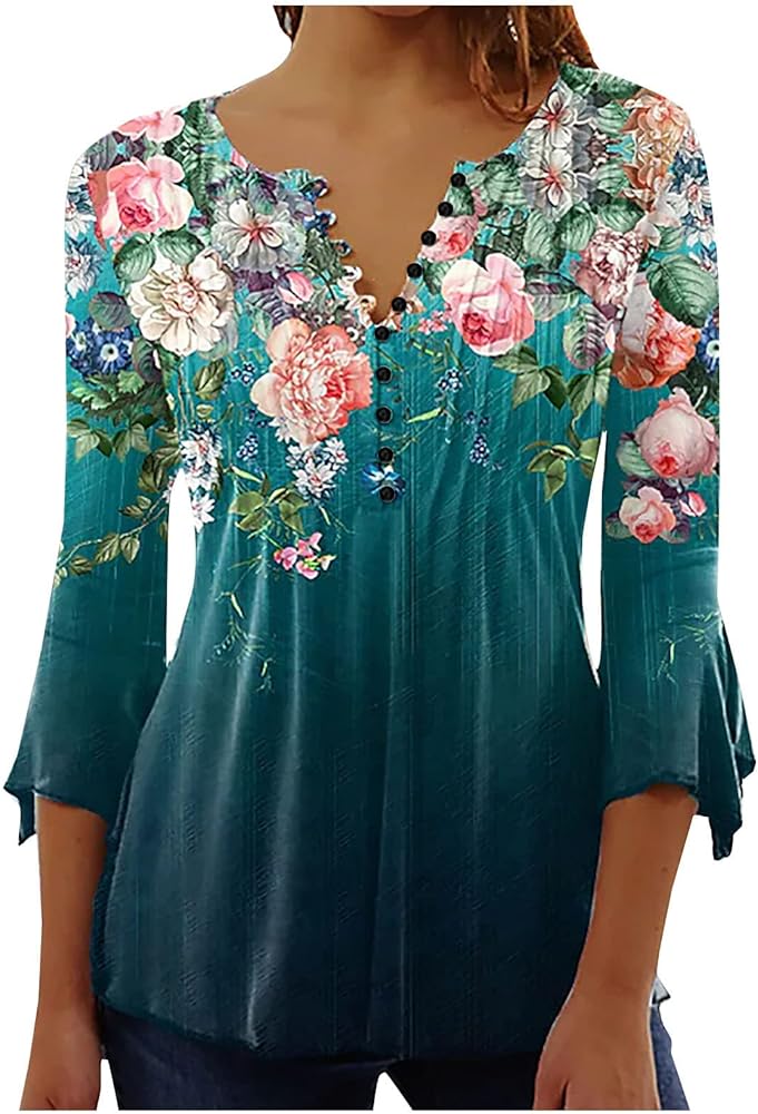 Womens Spring Tops 2024 Casual Fashion 3/4 Bell Sleeve V Neck Tunic T-Shirts Vintage Floral Blouses Trendy Clothes