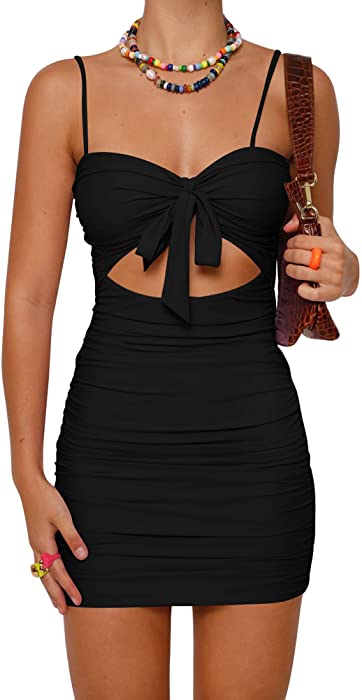 BORIFLORS Women's Sexy Bodycon Cut Out Ruched Backless Spaghetti Strap Mini Club Party Dresses