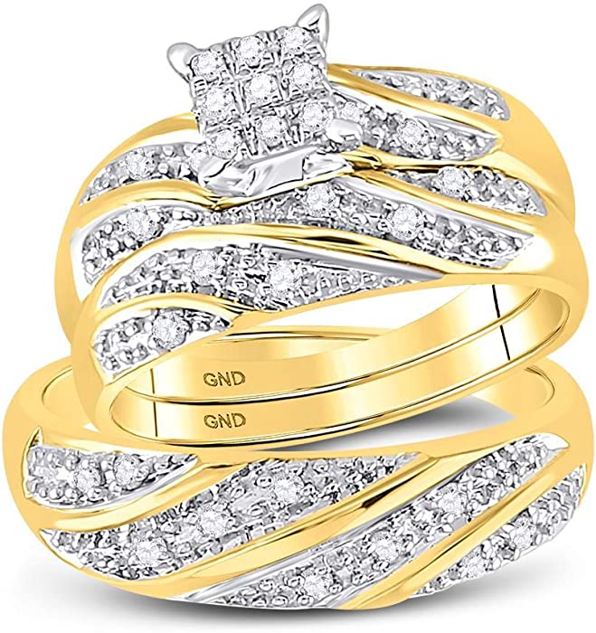 10k Yellow Gold Mens and Ladies Couple His & Hers Trio 3 Three Ring Bridal Matching Engagement Wedding Ring Band Set - Round Diamonds - Princess Shape Center Setting (1/4 cttw) - Please use drop down menu to select your desired ring sizes