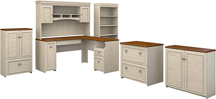 Bush Furniture Fairview 60W L Shaped Desk with Hutch, Bookcase, Storage and File Cabinets in Antique White and Tea Maple