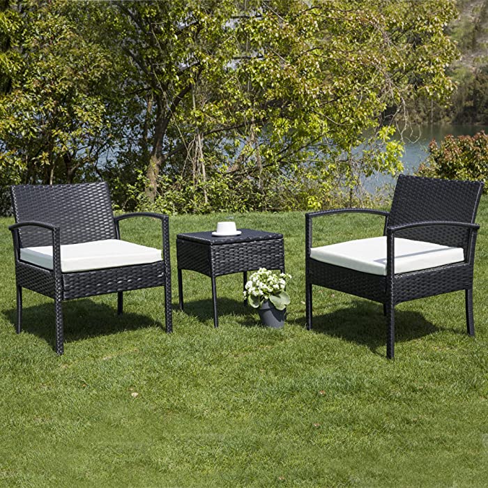 IJIALIFE 3 Pieces Wicker Conversation Bistro Set, Indoor/Outdoor Patio Rattan Furniture Sets for Garden Balcony Backyard Porch Lawn, Black Rattan & White Cushion