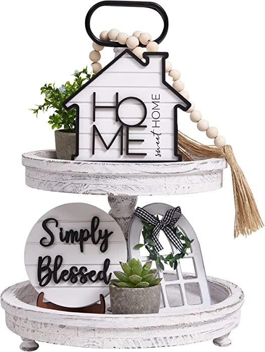Houmury Set of 8 Farmhouse Tiered Tray Decor with 1 Artificial Succelent Plant & 1 Artificial Plant For Rustic Home Sweet Home Kitchen Decor Tier Tray Decor Set