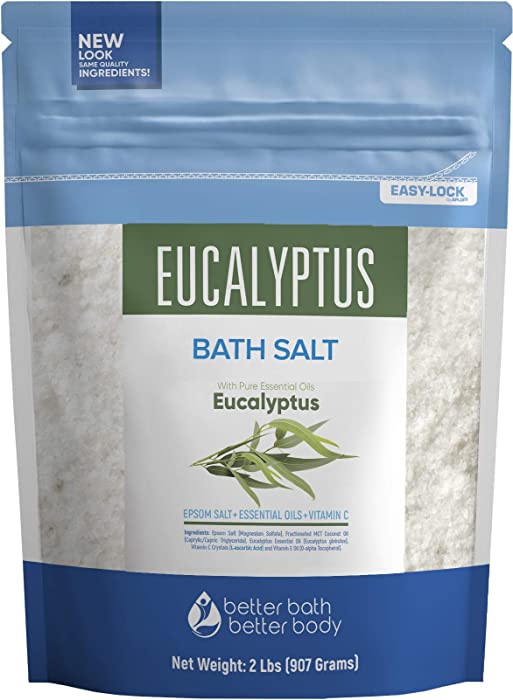 Eucalyptus Bath Salt 32 Ounces Epsom Salt with Natural Eucalyptus Essential Oil Plus Vitamin C in BPA Free Pouch with Easy Press-Lock Seal