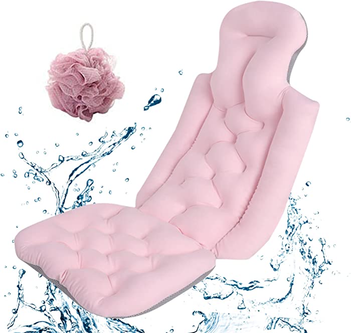 Full Body Bath Pillow, 2.4" Extra Thick Bath Pillows for Tub Headrest Neck and Back Support with Non-Slip Suction Cups, Soft Bathtub Cushion for Luxury Bubble Bath - Fit for Women Men Adult (Pink)