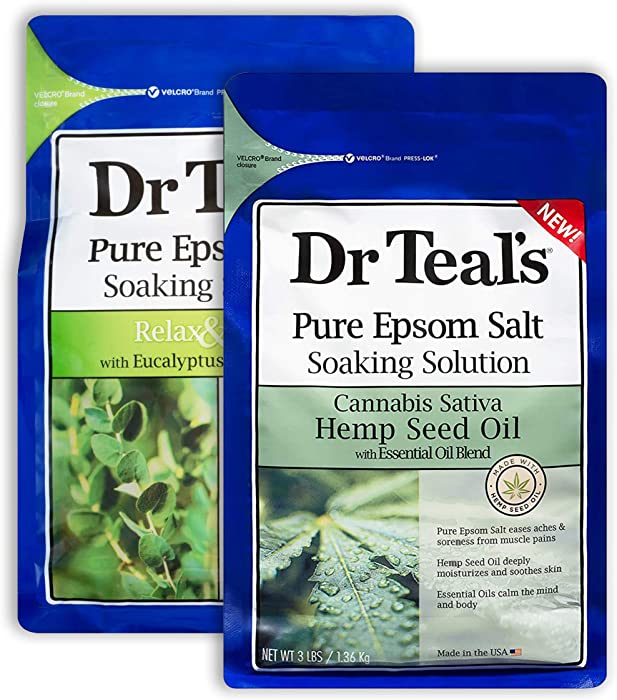 Dr Teal's Epsom Salt Bath Combo Pack (6 lbs Total), Relax & Relief with Eucalyptus & Spearmint, and Hemp Seed Oil