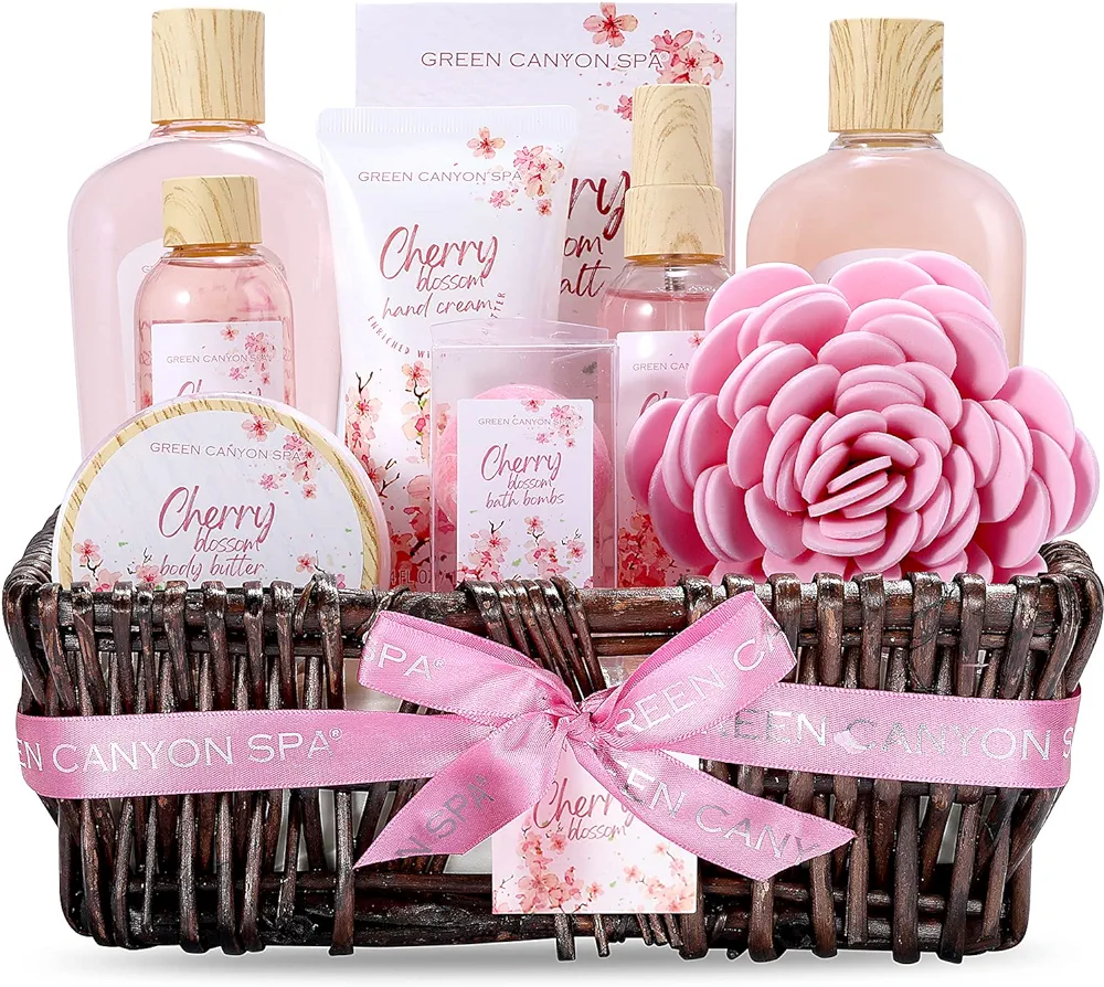 Spa Gift Baskets for Women, Birthday Bath Gifts Sets 10Pcs Cherry Blossom Spa Gift Set with Body Lotion Essential Oil, Spa Kit Christmas Gifts