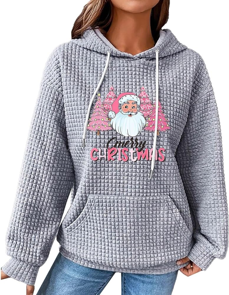 Women's Pullover Sweatshirt Drawstring Christmas Printed Waffle Hoodie Long Sleeve Drop Shoulder Tops with Pockets