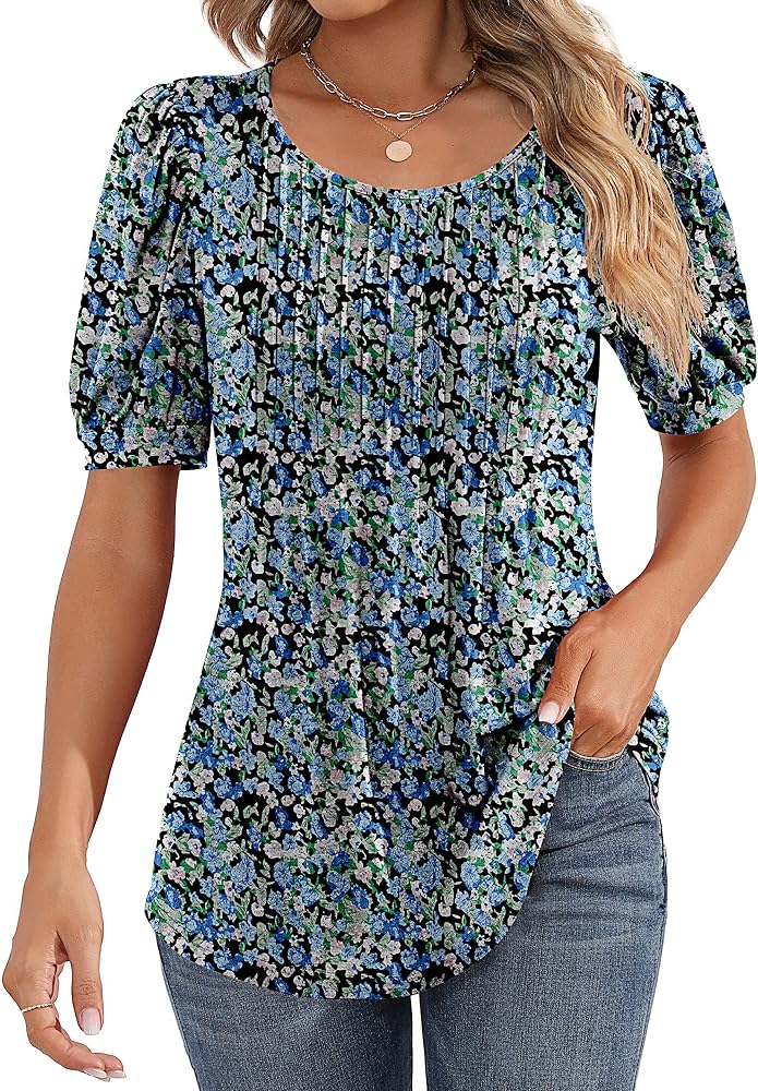 Women's Puff Short Sleeve Tunic Tops Pleated Crew Neck Blouses Dressy Casual Loose Spring and Summer T-Shirts