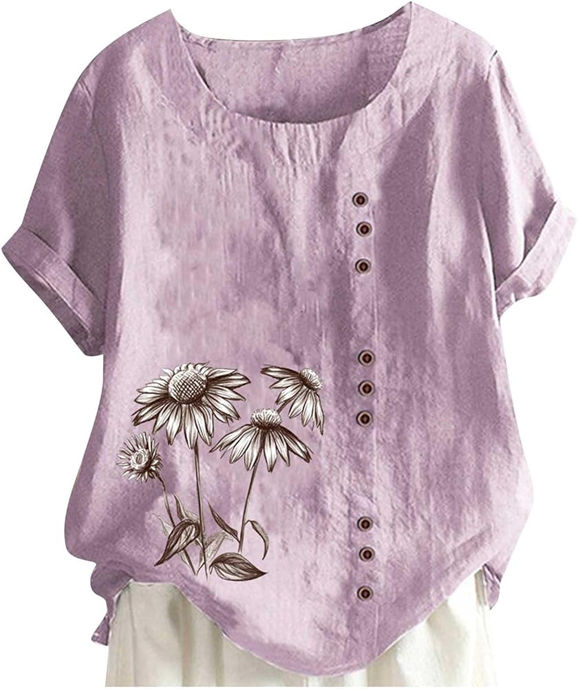 Womens Cotton Linen Flower Printed Tops Short Sleeve Crewneck Cute Shirts Summer Casual Loose Comfy Tee Shirt Blouse