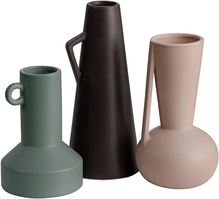 TERESA'S COLLECTIONS Modern Ceramic Vase for Home Decor, Set of 3 Morandi Decorative Vase for Living Room, Matte Jug Vase for Pampas Grass, Kitchen, Table, Mantel Decoration, ( Brown, Pink, Teal )
