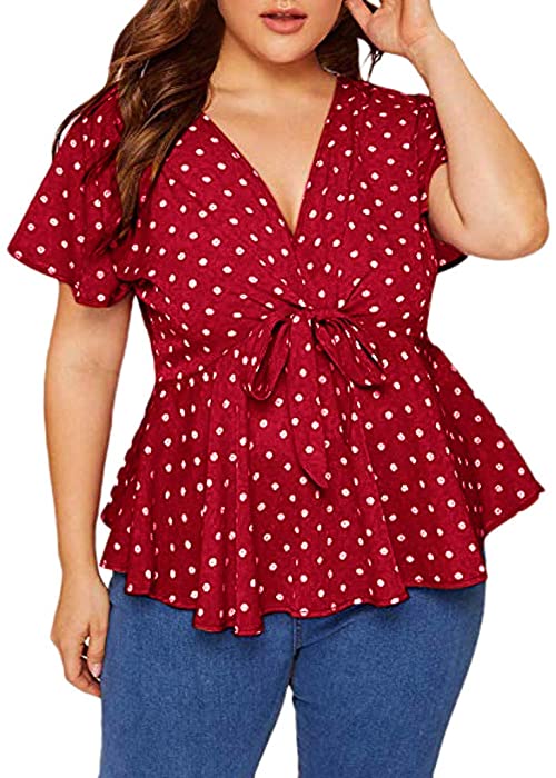 SNKSDGM Women Retro Polka Dot Knot Front Flowy Pleated Tunic Tops Deep V Plus Size Ruffle Sleeve T Shirts Casual Office Shirt
