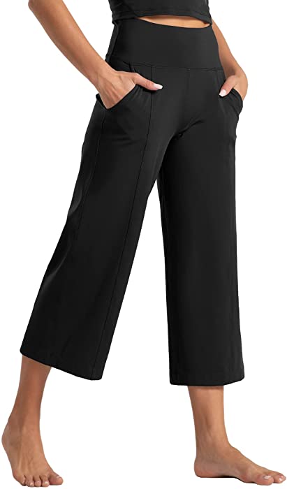 Tmustobe Womens Lounge Yoga Capris Pants Bootleg Tummy Control High Waist Workout Flare Crop Pants with Pockets