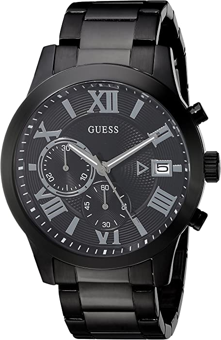 GUESS Stainless Steel Black Ionic Plated Chronograph Bracelet Watch with Date. Color: Black (Model: U0668G5)