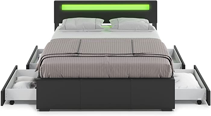 ZTOZZ Pezzolla-D LED Bed Frame Full Size with 4 Drawers - Low Profile Platform Bed with 16 Colors LED Lights headboard and Faux Leather Upholstery - Black Color