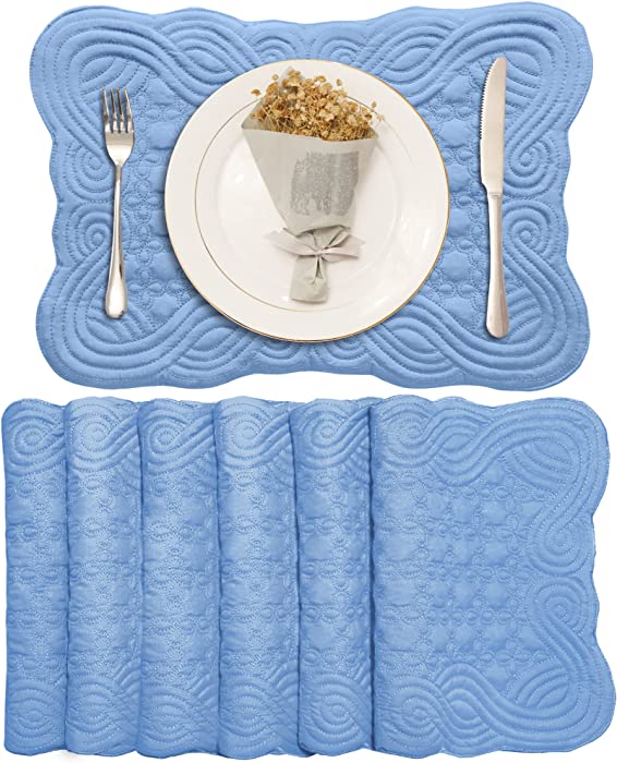 Loom and Mill Quilted Table Placemats Set of 6, Natural Fabric Farmhouse Style Dining Table Mats, Double Layer & Washable for Kitchen Dinner Party Holidays All Season Everyday Use(12"x18", Blue)