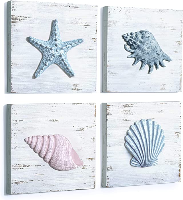 TideAndTales Beach Decor Seashell Wall Art - (Set of 4) Textured 3D Shells and Starfish Decorations for Home or Beach House, Rustic Ocean Theme Coastal Bedroom or Bathroom Wall Decor 6" x 6"