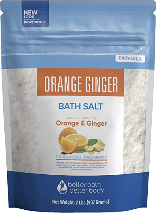 Orange Ginger Bath Salt 32 Ounces Epsom Salt with Natural Ginger and Orange Essential Oils Plus Vitamin C in BPA Free Pouch with Easy Press-Lock Seal