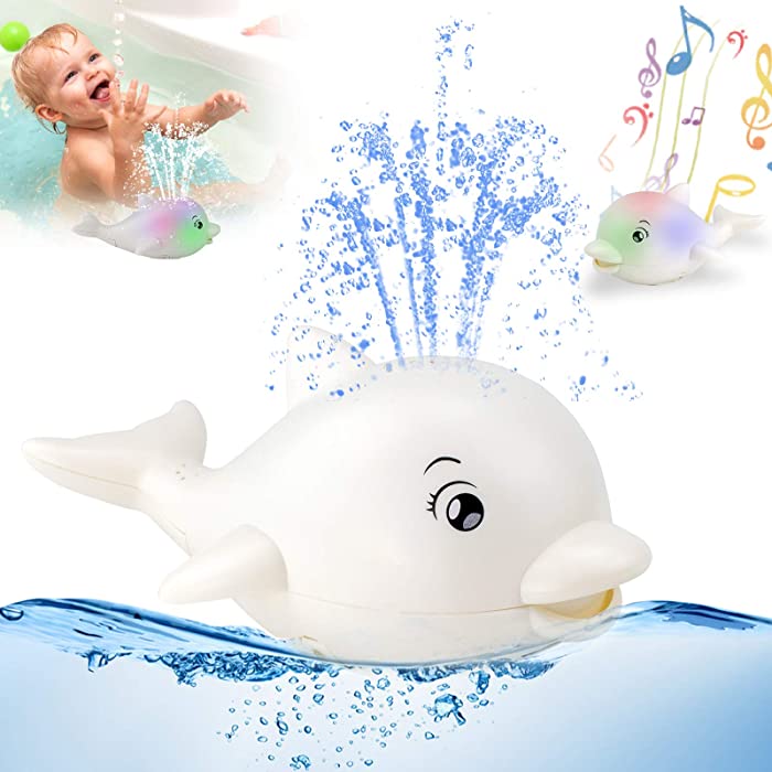 Kendyy Baby Bath Toys, Dolphin Animal Bathtub Toy with Music & Light Induction Sprinkler Automatic Spray Water for Infants Toddlers Kids Boys & Girls,Pool Bathroom Shower Toy Best Gift (White)