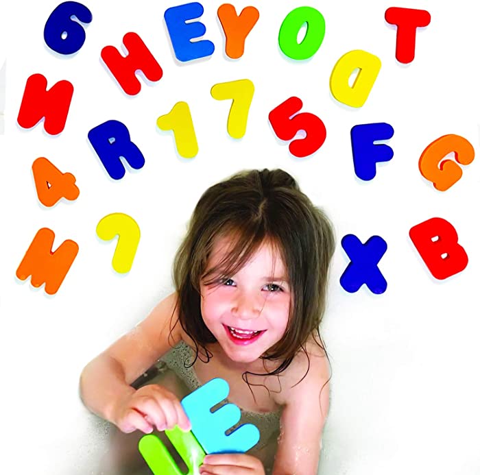 Bath Toys 36-Piece Set. Stick-On Foam Letters & Numbers by Baby Bibi. Full Set Floating Waterproof Bathroom Alphabet Toys. Bathtub Educational Toy, Promotes Reading and Counting