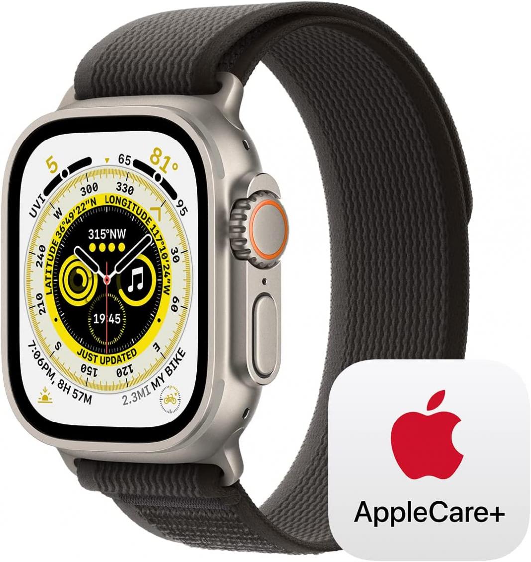 Apple Watch Ultra GPS + Cellular, 49mm Titanium Case with Black/Grey Trail Loop - M/L with AppleCare+ (2 Years)