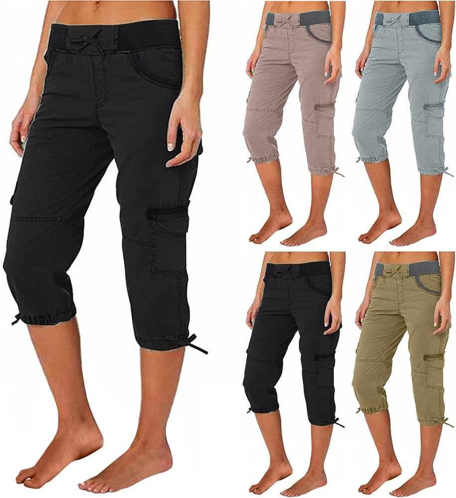 Women Knee Length Cargo Pants High Waisted Drawstring Elastic Waist Cropped Pants Available in Plus Size