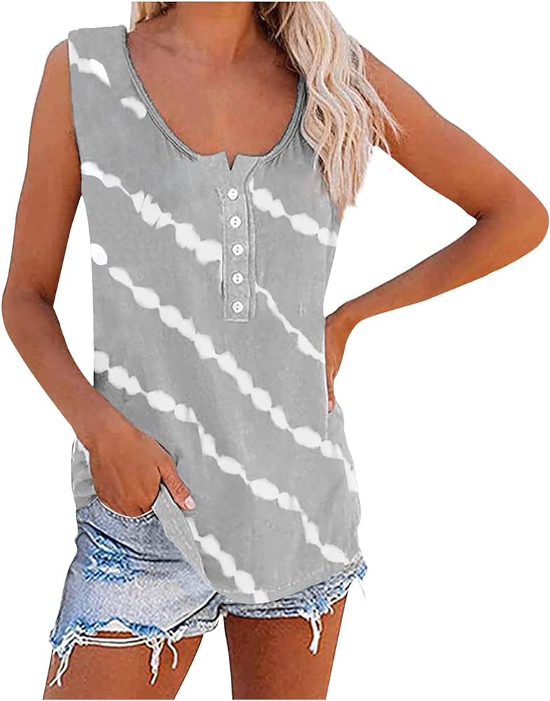 SMIDOW Sleeveless Tan Tops for Women Casual Summer Plus Size t-Shirt Button Down Scoop Neck Loose Shirt Striped Blouse