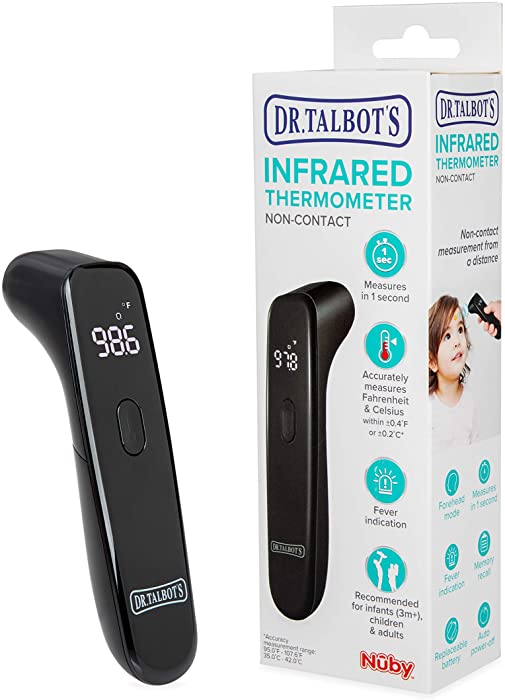 Dr. Talbot's Non-Contact Acrylic Infrared Thermometer with Led Screen, Fever Warning Indicator, Accurate 1 S Reading for Baby, Kids, Adults, Black