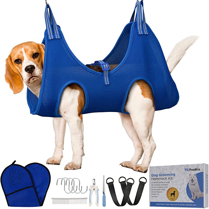 Tru Prodkts Dog Grooming Hammock - Puppy Grooming Kit for Fur, Nail Trimming - Dog & Cat Grooming Supplies with Pet Grooming Tools & E-Book Guide - Dog Sling Harness with Stainless Steel Hooks