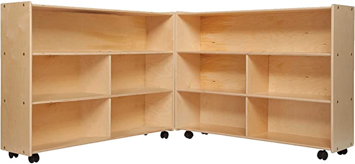Contender Mobile Folding Supersized Toy Organizer, Bookcase, Craft & Supplies Storage Unit for Classroom, Daycare, Home in Natural Wood Finish