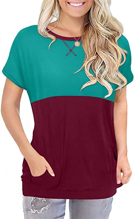 Pocket T Shirts for Women Casual Color Block Short Sleeve Crew Neck Summer Tee Tops Loose Fit Gym Workout Tshirts