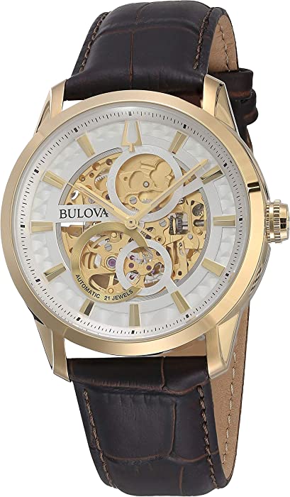 Men's Bulova Classic Sutton Automatic Skeleton Dial Brown Leather Strap Watch 97A138