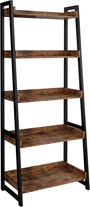 IRONCK Industrial Bookshelf 5-Tier, Bookcase Ladder Shelf, Storage Shelves Rack Shelf Unit, Accent Furniture Metal Frame, Home Office Furniture for Bathroom, Living Room, Rustic Brown