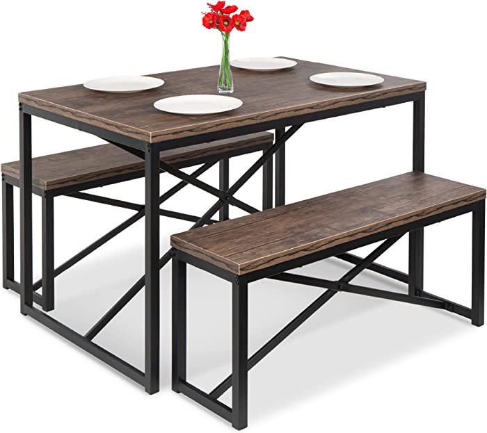 Best Choice Products 45.5in 3-Piece Bench Style Dining Table Furniture Set, 4-Person Space-Saving Dinette for Kitchen, Dining Room w/ 2 Benches, Table - Brown/Black