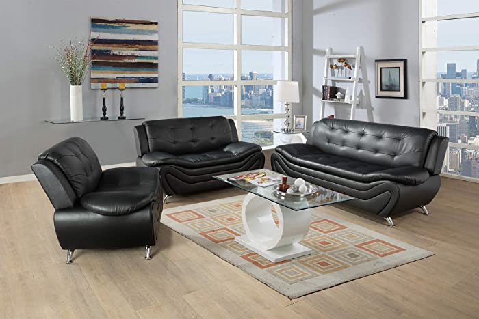 Ainehome 3 Piece Faux Leather Contemporary Living Room Sofa, Love Seat, Chair Set, Black