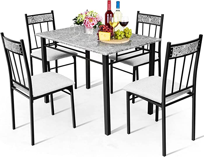 Tangkula 5 Piece Dining Table Set for Dining Room Kitchen, Table and Chairs Set for 4 Persons, Metal Frame & Padded Seat, Faux Marble Table Top, Black & Grey