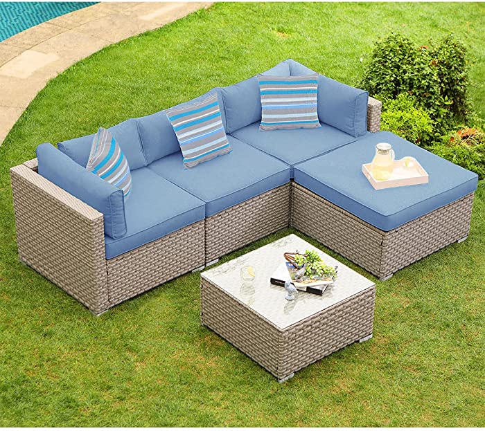 COSIEST 5-Piece Outdoor Furniture Set Warm Gray Wicker Sectional Sofa w Denim Blue Cushions, Glass Top Coffee Table, 3 Stripe Woven Pillows for Garden, Pool, Backyard