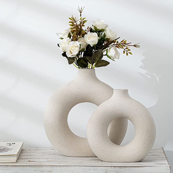Leicofay Ceramic Hollow Donut Vase Set of 2, Off White Vases for Decor Nordic Minimalism Style Decor for Wedding Dinner Table Party Living Room Office Bedroom (L9”*W8” Bottle Mouth 1 inch)